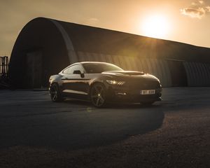 Превью обои ford mustang, mustang, автомобиль, спорткар, черный, вид сбоку, закат