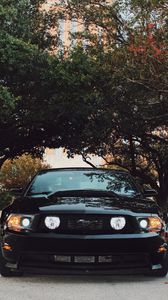 Превью обои ford mustang, спорткар, вид спереди, черный, деревья