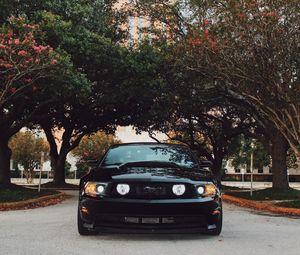 Превью обои ford mustang, спорткар, вид спереди, черный, деревья