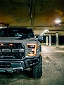 Превью обои ford raptor, ford, автомобиль, внедорожник, серый, стоянка, вид спереди