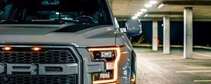 Превью обои ford raptor, ford, автомобиль, внедорожник, серый, стоянка, вид спереди