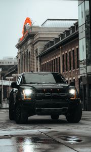 Превью обои ford raptor, ford, автомобиль, внедорожник, черный, дорога