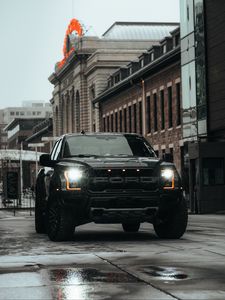 Превью обои ford raptor, ford, автомобиль, внедорожник, черный, дорога