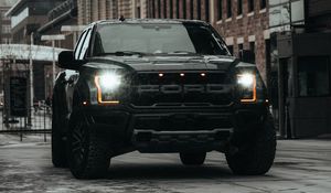 Превью обои ford raptor, ford, автомобиль, внедорожник, черный, дорога