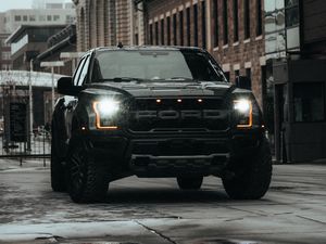 Превью обои ford raptor, ford, автомобиль, внедорожник, черный, дорога