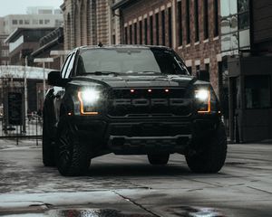 Превью обои ford raptor, ford, автомобиль, внедорожник, черный, дорога