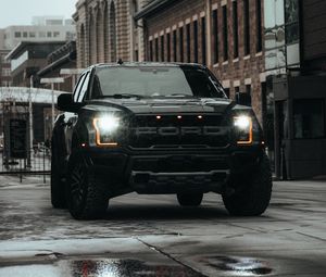 Превью обои ford raptor, ford, автомобиль, внедорожник, черный, дорога