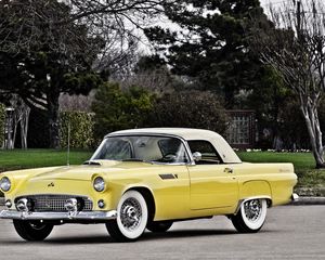 Превью обои ford, thunderbird, 1955, желтый, вид сбоку