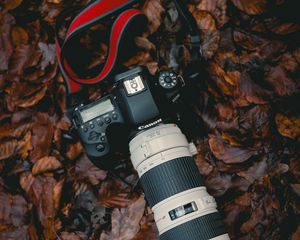 Превью обои фотоаппарат, объектив, листья