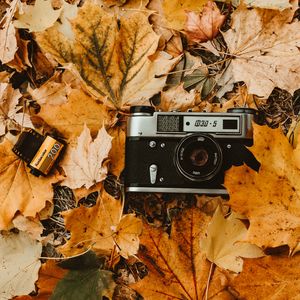 Превью обои фотоаппарат, осень, листва, ретро, винтаж, фотопленка