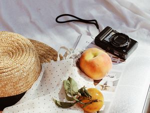 Превью обои фотоаппарат, персики, фрукты, журнал, ткань
