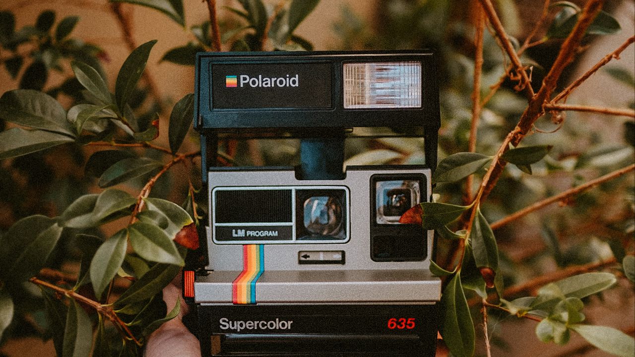 Обои фотоаппарат, polaroid, рука, ретро