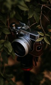 Превью обои фотоаппарат, ветка, листья, серый