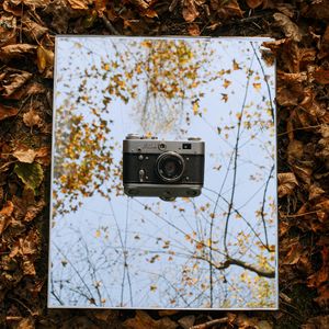 Превью обои фотоаппарат, винтаж, ретро, осень, листья