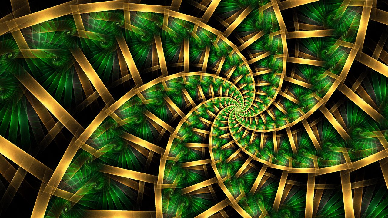 Обои фрактал, спираль, узор, абстракция, зеленый, золотой