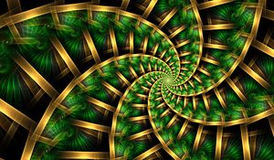 Превью обои фрактал, спираль, узор, абстракция, зеленый, золотой
