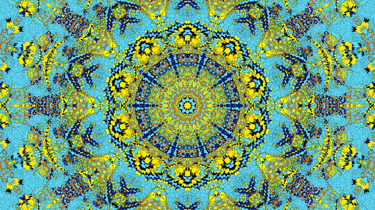 Обои фрактал, узор, калейдоскоп, абстракция, синий, желтый