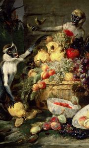 Превью обои франс снейдерс, обезьяны крадущие фрукты, картина, барокко, фландрия