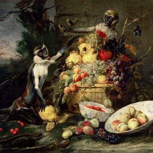 Превью обои франс снейдерс, обезьяны крадущие фрукты, картина, барокко, фландрия