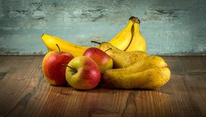 Превью обои фрукты, яблоки, бананы, груши