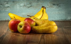 Превью обои фрукты, яблоки, бананы, груши