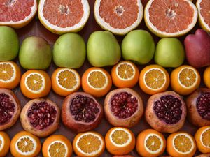 Превью обои фрукты, яблоки, гранаты, апельсины, грейпфруты, спелый