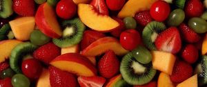 Превью обои фрукты, ягоды, клубника, киви, виноград