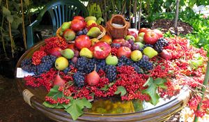 Превью обои фрукты, ягоды, стол, много