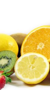 Превью обои фрукты, киви, лимон, апельсин, клубника, польза