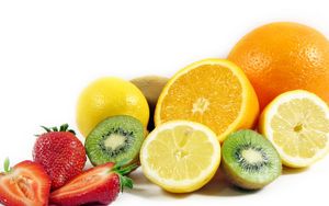Превью обои фрукты, киви, лимон, апельсин, клубника, польза