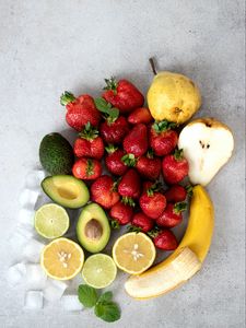Превью обои фрукты, клубника, авокадо, груша, банан, лимон, лед