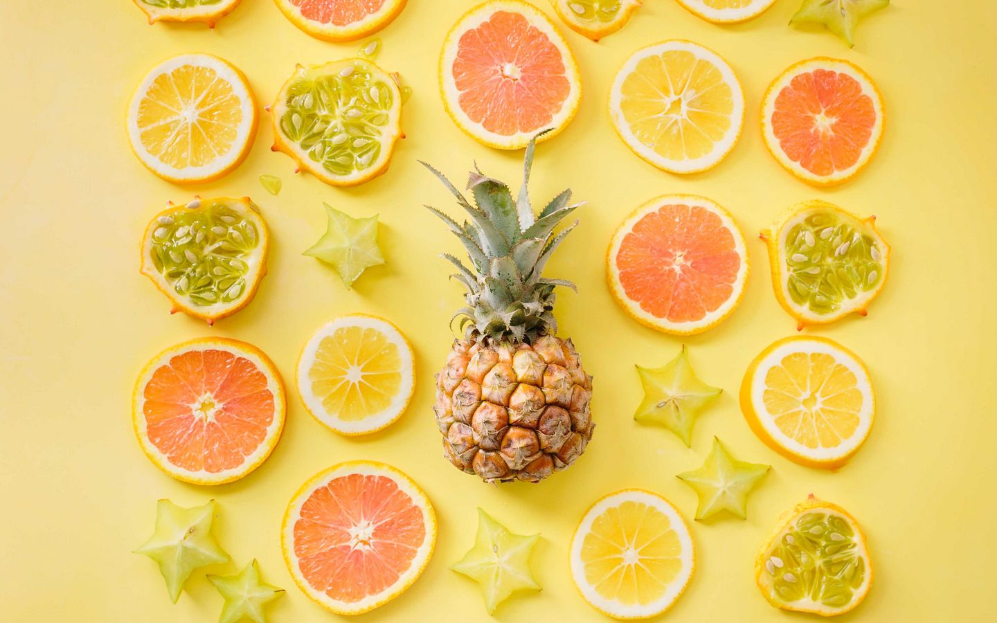 1440x900 Обои фрукты, цитрусы, ананас, желтый, лимон, апельсин