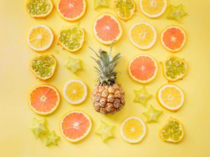 Превью обои фрукты, цитрусы, ананас, желтый, лимон, апельсин