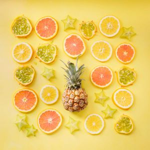 Превью обои фрукты, цитрусы, ананас, желтый, лимон, апельсин