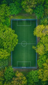 Превью обои футбольное поле, вид сверху, деревья, площадка, зеленый