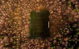 Превью обои футбольное поле, площадка, вид сверху, деревья, обзор