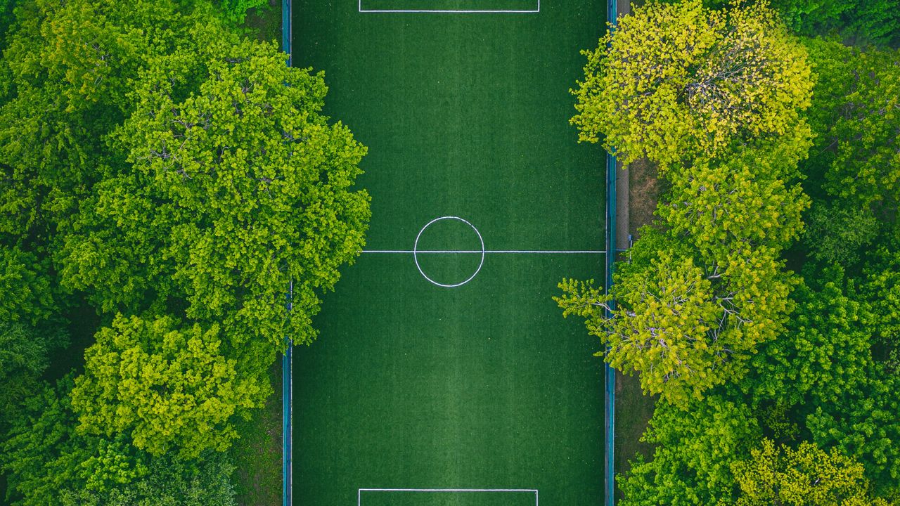 Обои футбольное поле, вид сверху, деревья, площадка, зеленый