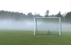 Превью обои футбольные ворота, поле, футбол, туман, деревья, мгла