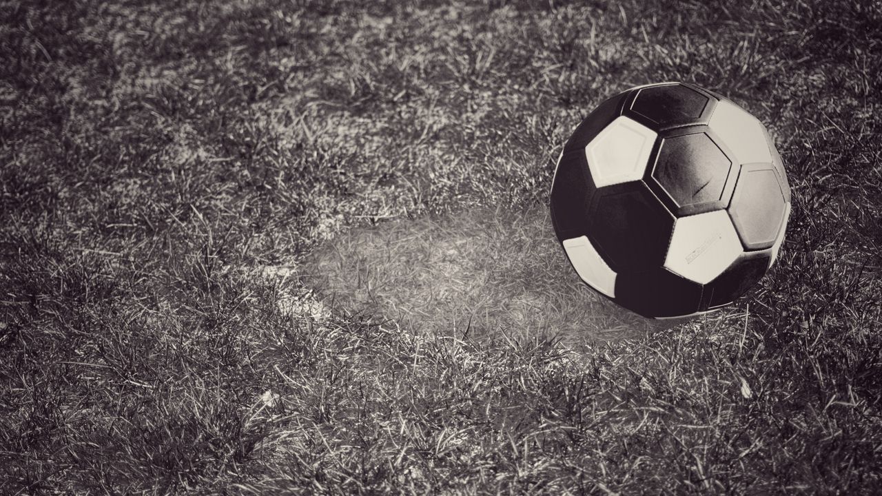 Обои футбольный мяч, футбол, мяч, газон, черно белый