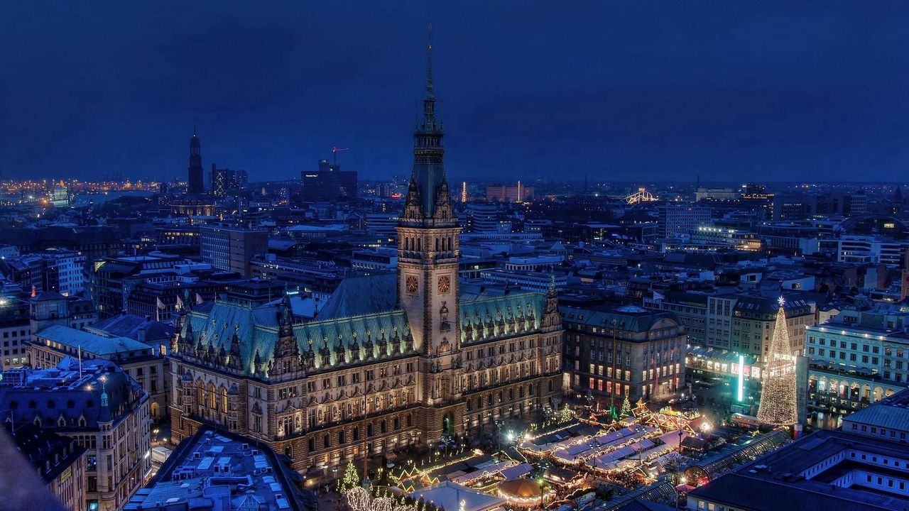 Обои гамбург, германия, ратуша, ночной город, площадь, здания