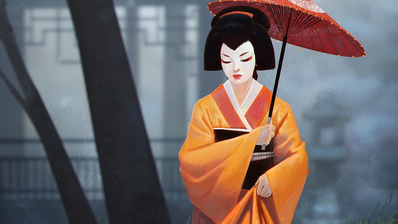 Обои гейша, девушка, кимоно, зонтик, арт