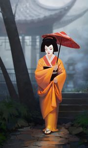 Превью обои гейша, девушка, кимоно, зонтик, арт