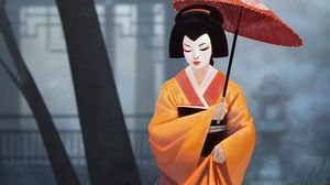 Превью обои гейша, девушка, кимоно, зонтик, арт