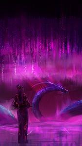 Превью обои гейша, дракон, змей, призрак, арт, фиолетовый