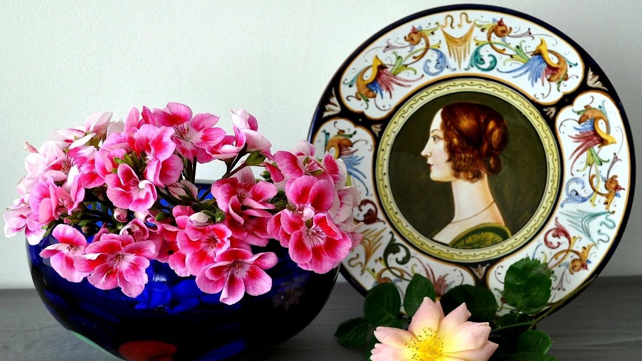 Обои герань, розы, цветы, тарелка, профиль, поверхность