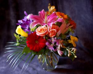 Превью обои гербера, роза, лилия, каллы, орхидея, цветы, букет, композиция, ваза