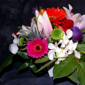 Превью обои герберы, тюльпаны, хризантемы, цветы, букет, композиция, листья