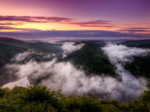 Превью обои германия, река, петля, изгиб, туман, вечер, закат