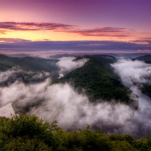 Превью обои германия, река, петля, изгиб, туман, вечер, закат