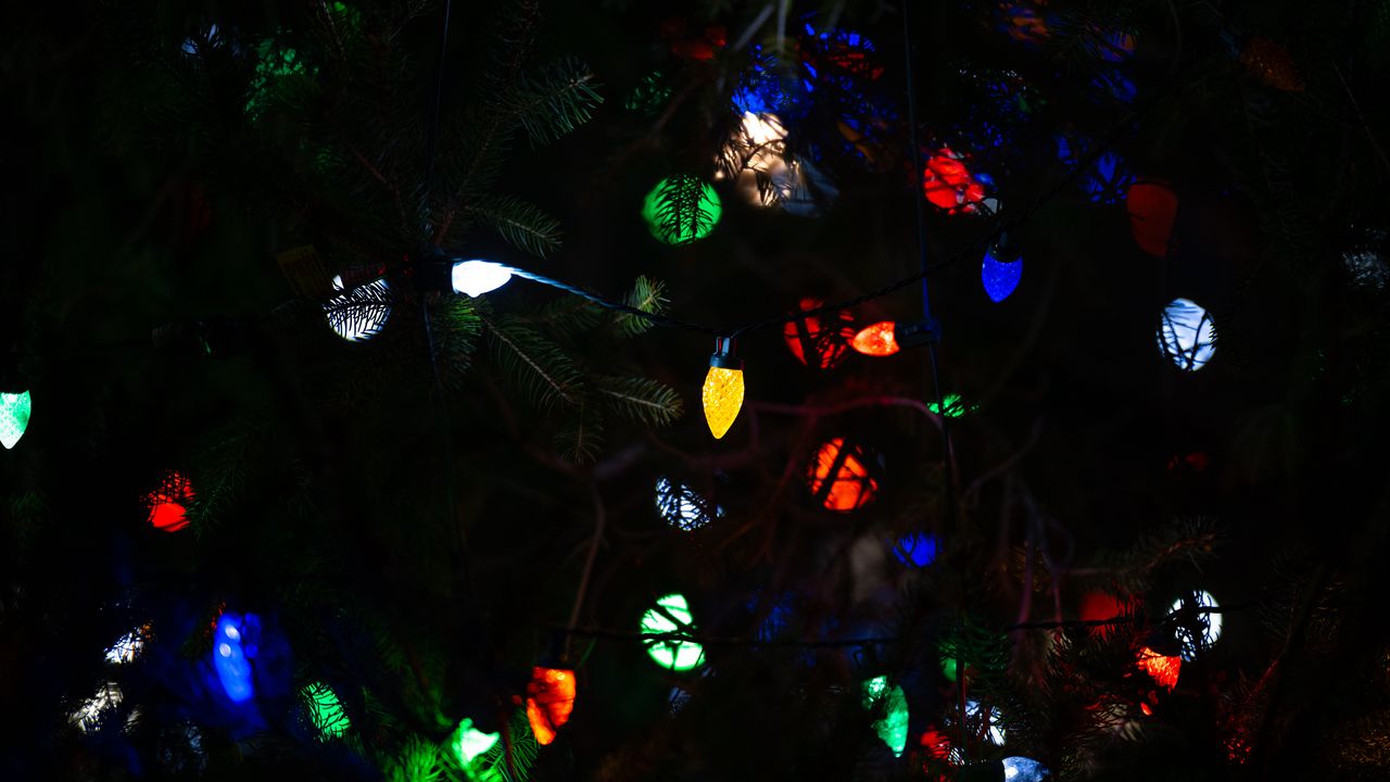 Обои гирлянда, лампочки, огни, елка, новый год, рождество, темный